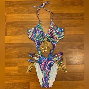 Neon Trippy Swirl & Gold Disc Chain Cut Out Festival Bodysuit